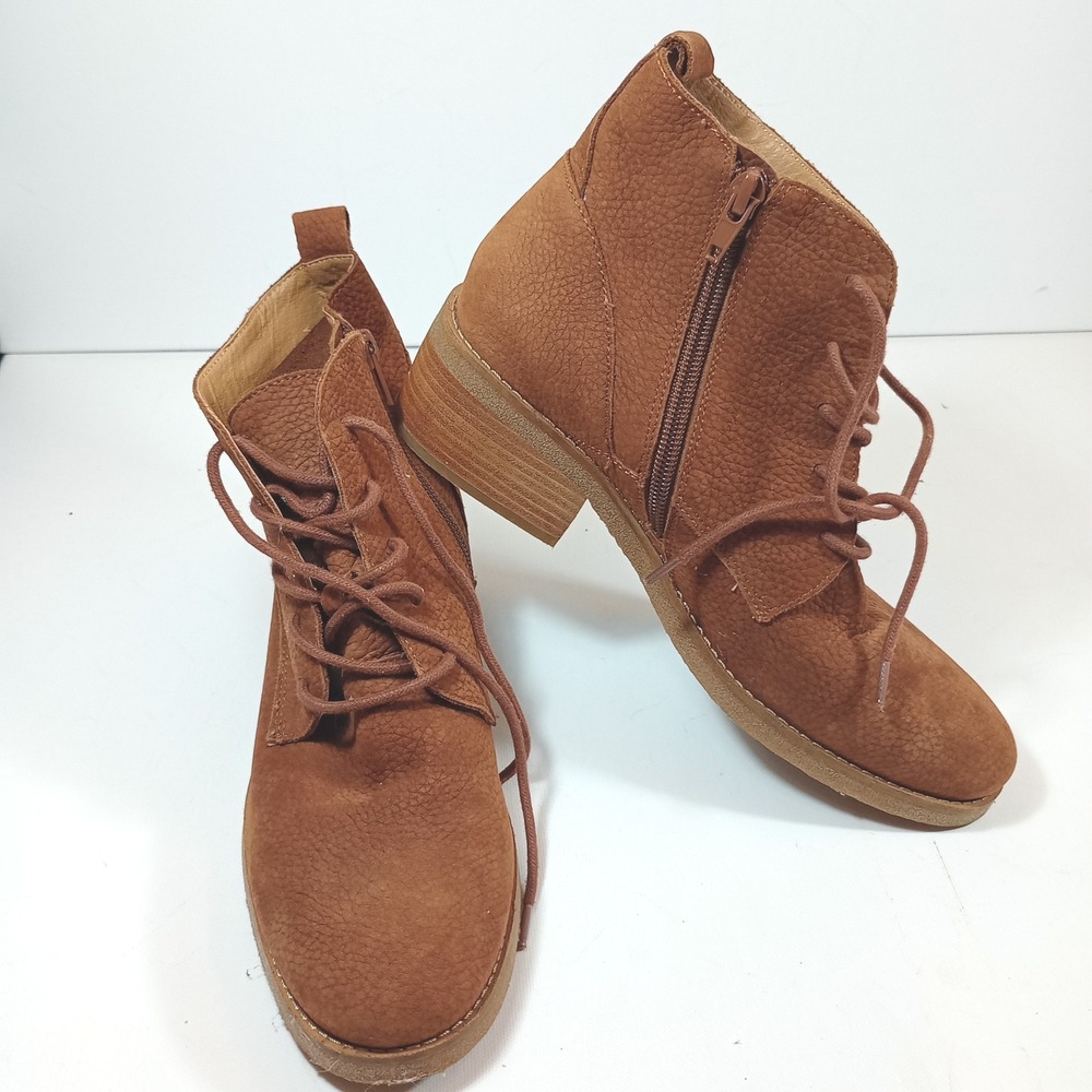Lucky Brand Basel Ankle Boots 8M Cognac Brown Excellent Leather Lace Up Booties